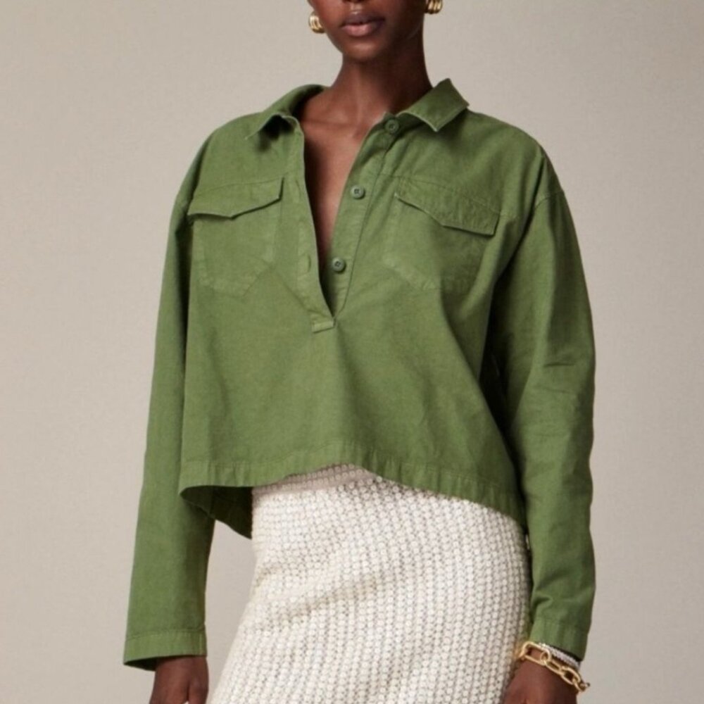 J.Crew Popover Shirt Cotton Linen Blend Green Long Sleeve Buttoned Cropped Sz M